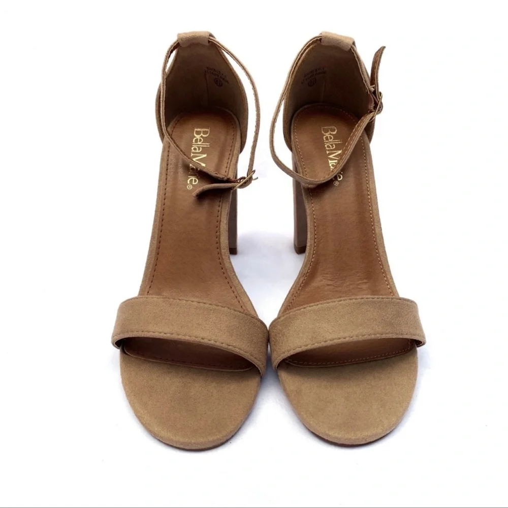 Bella Marie Ankle Strap Sandal Shirley Taupe Faux Suede Heels Size 8.5